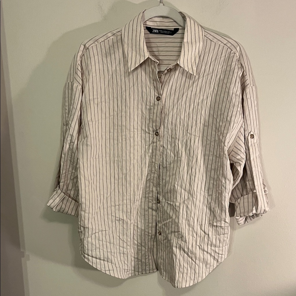 Zara Men's Casual Beige Striped Shirt
